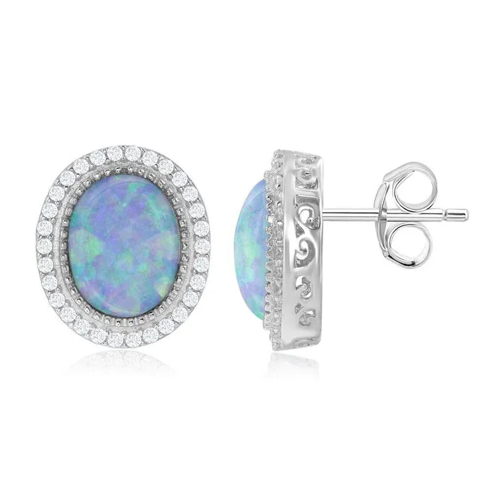 Sterling Silver White Oval Opal CZ Border Earrings Classic Earrings