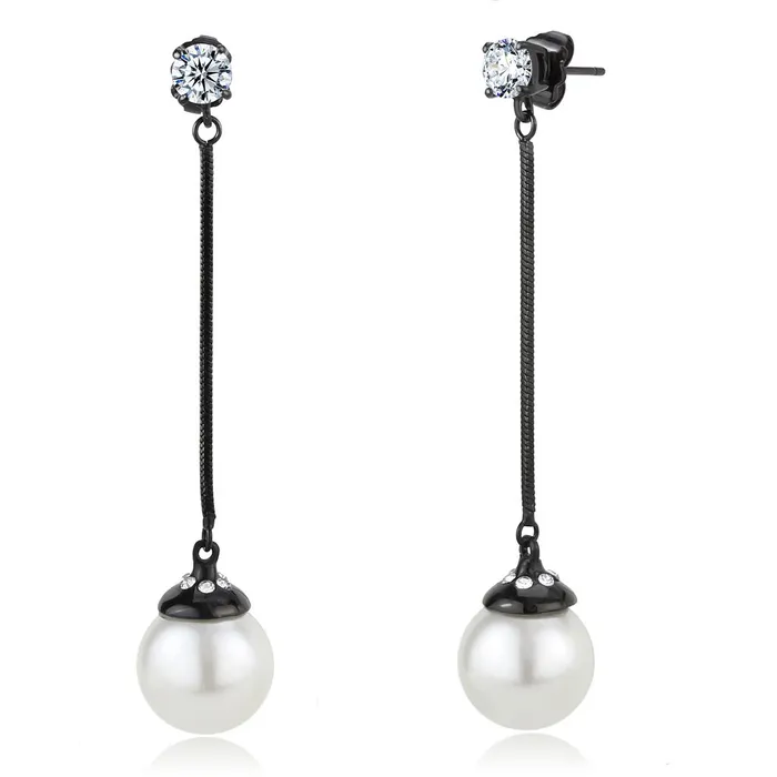 TK3471 IP BlackIon Plating Stainless Steel Earrings with Synthetic Pearl in White Alamode Earrings
