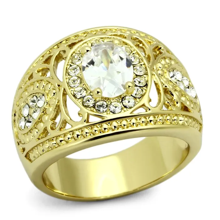 TK868 IP GoldIon Plating Stainless Steel Ring with AAA Grade CZ in Clear Alamode Rings
