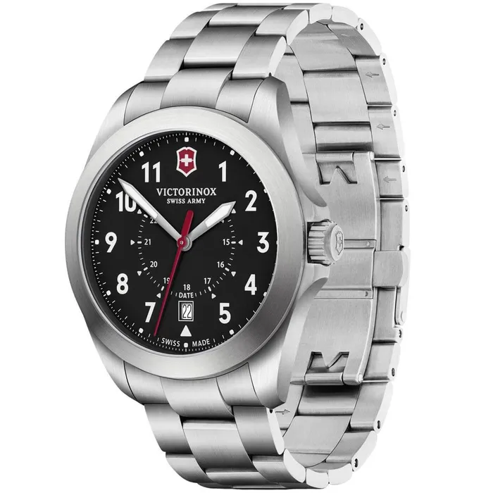 Victorinox Swiss Army Bracelets Victorinox Swiss Army Mens Quartz Watch Heritage Black Dial Steel Bracelet 241968