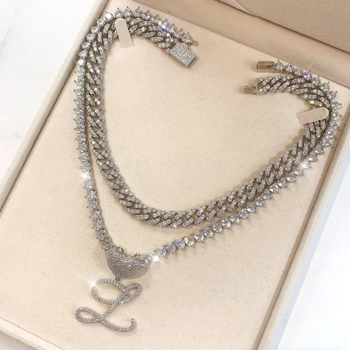 VVS Jewelry Necklaces Custom Initial Cuban Heart Pendant Necklace FREE Tennis Chain