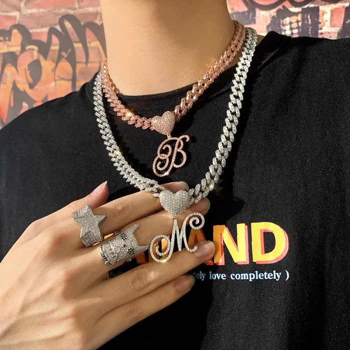 VVS Jewelry Necklaces Custom Initial Cuban Heart Pendant Necklace FREE Tennis Chain