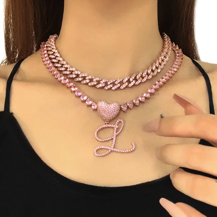VVS Jewelry Necklaces Custom Initial Cuban Heart Pendant Necklace FREE Tennis Chain