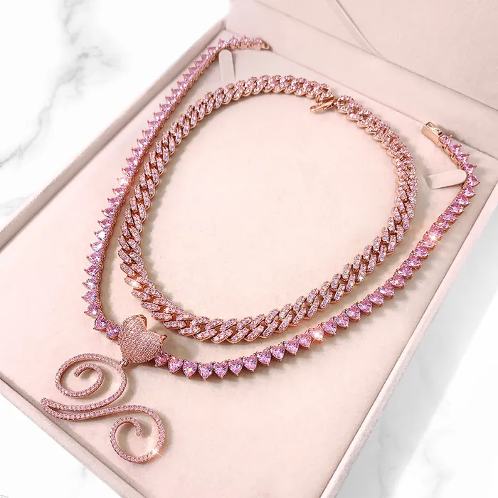 VVS Jewelry Necklaces Custom Initial Cuban Heart Pendant Necklace FREE Tennis Chain
