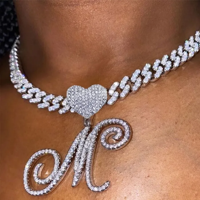 VVS Jewelry Necklaces Custom Initial Cuban Heart Pendant Necklace FREE Tennis Chain