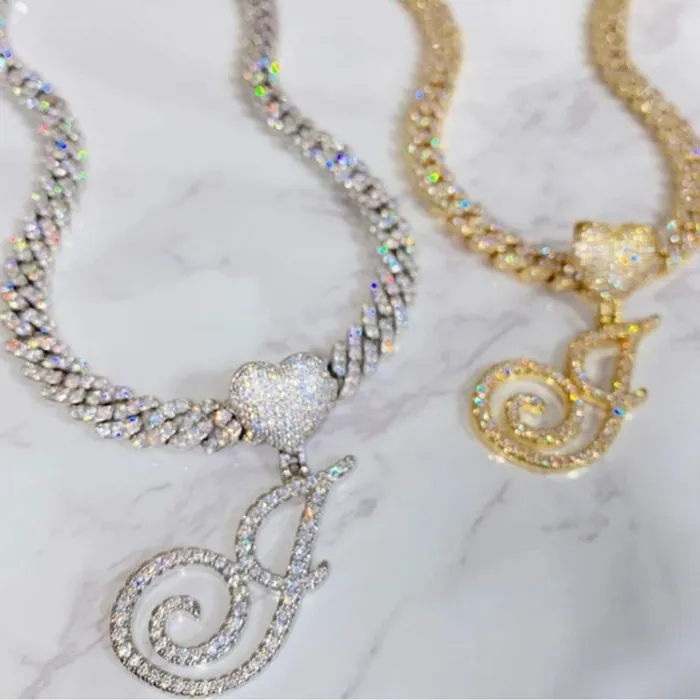 VVS Jewelry Necklaces Custom Initial Cuban Heart Pendant Necklace FREE Tennis Chain
