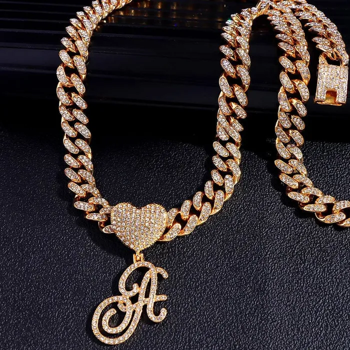VVS Jewelry Necklaces Custom Initial Cuban Heart Pendant Necklace FREE Tennis Chain