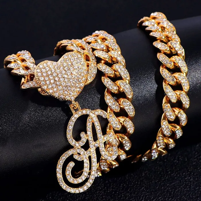 VVS Jewelry Necklaces Custom Initial Cuban Heart Pendant Necklace FREE Tennis Chain