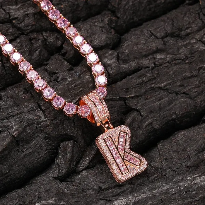 VVS Jewelry Necklaces Custom Pink Baguette Initial Pendant Chain