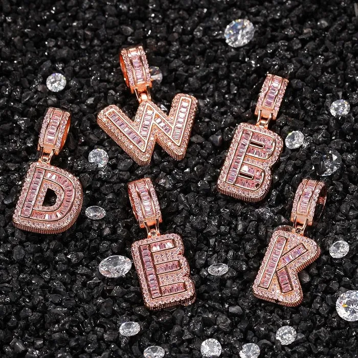 VVS Jewelry Necklaces Custom Pink Baguette Initial Pendant Chain