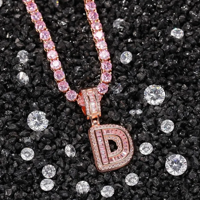 VVS Jewelry Necklaces Custom Pink Baguette Initial Pendant Chain