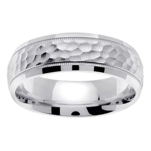 White Gold 7mm Hammered Mens Ring deBebians Rings