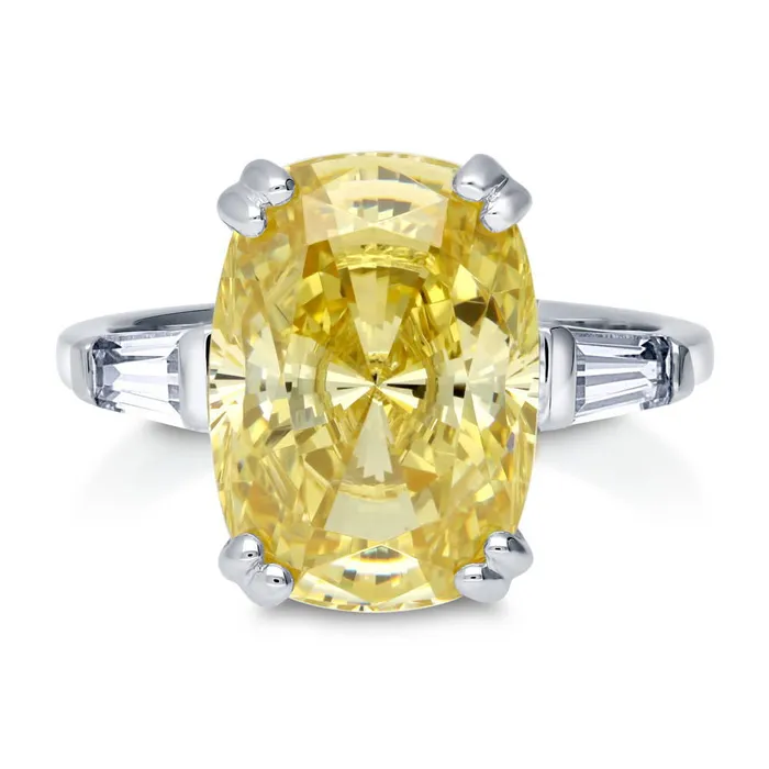 3Stone Canary Yellow Cushion CZ Ring in Sterling Silver 9ct BERRICLE Rings