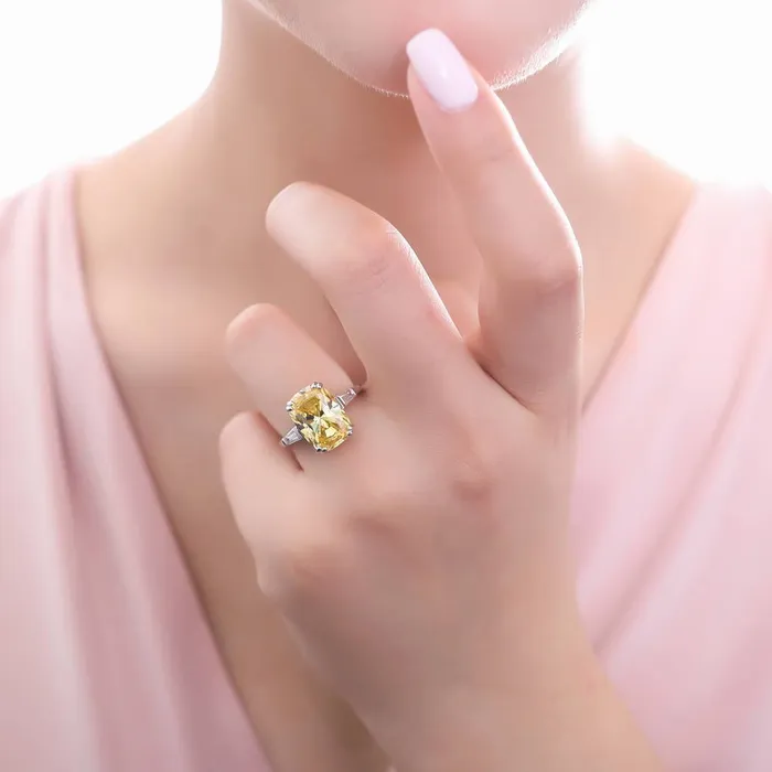 3Stone Canary Yellow Cushion CZ Ring in Sterling Silver 9ct BERRICLE Rings