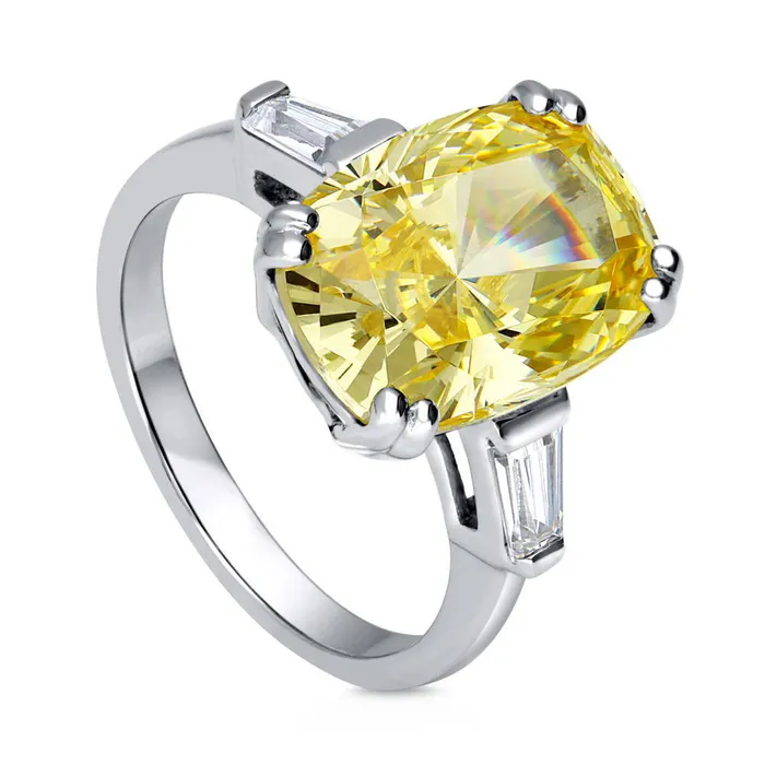 3Stone Canary Yellow Cushion CZ Ring in Sterling Silver 9ct BERRICLE Rings