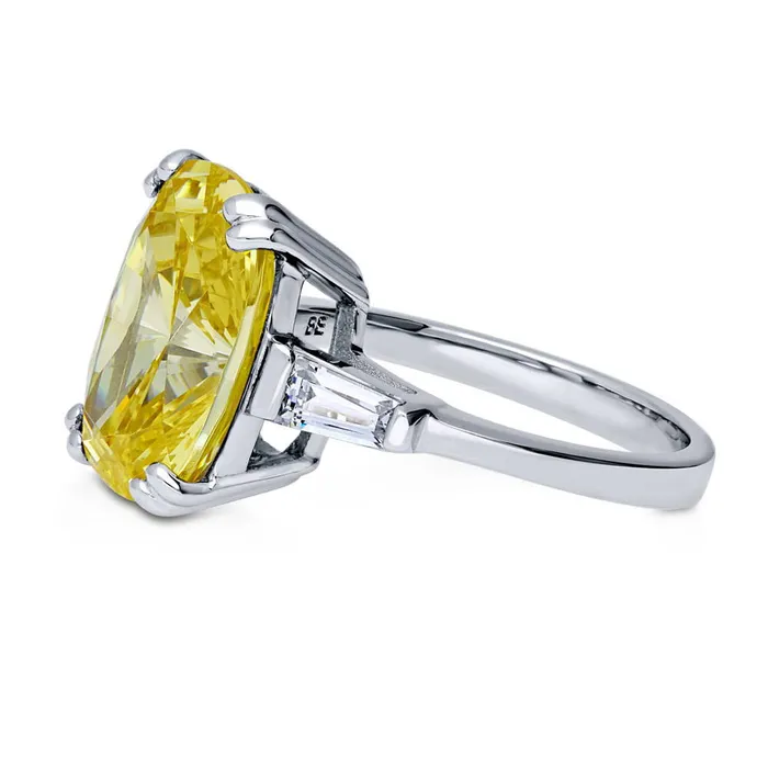 3Stone Canary Yellow Cushion CZ Ring in Sterling Silver 9ct BERRICLE Rings