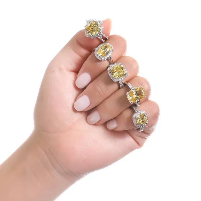 3Stone Canary Yellow Cushion CZ Ring in Sterling Silver 9ct BERRICLE Rings