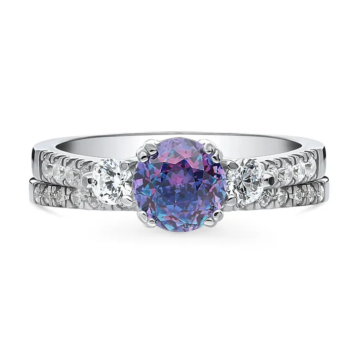 3Stone Kaleidoscope Purple Aqua CZ Ring Set in Sterling Silver BERRICLE Rings