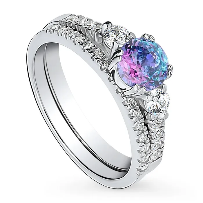 3Stone Kaleidoscope Purple Aqua CZ Ring Set in Sterling Silver BERRICLE Rings