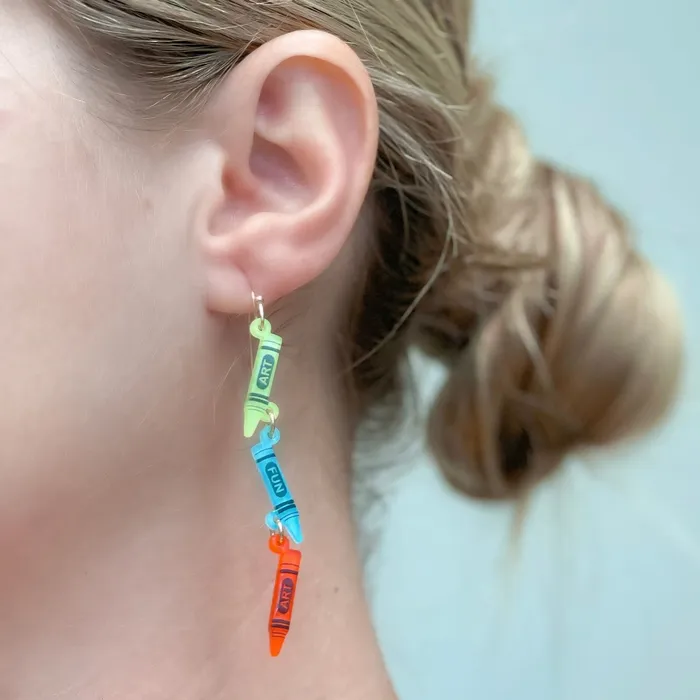 Art Acrylic Crayon Dangle Earrings Blue Multi Prep Obsessed VP Earrings