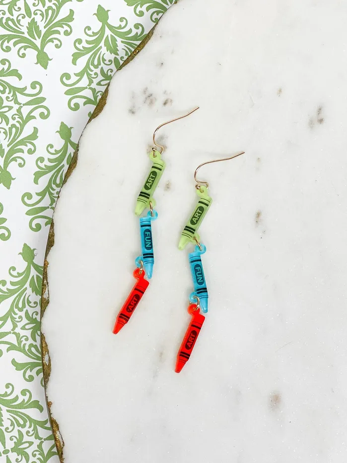 Art Acrylic Crayon Dangle Earrings Blue Multi Prep Obsessed VP Earrings