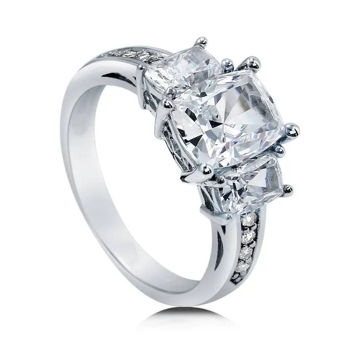 BERRICLE 3Stone 26ct Cushion CZ Ring in Sterling Silver Rings