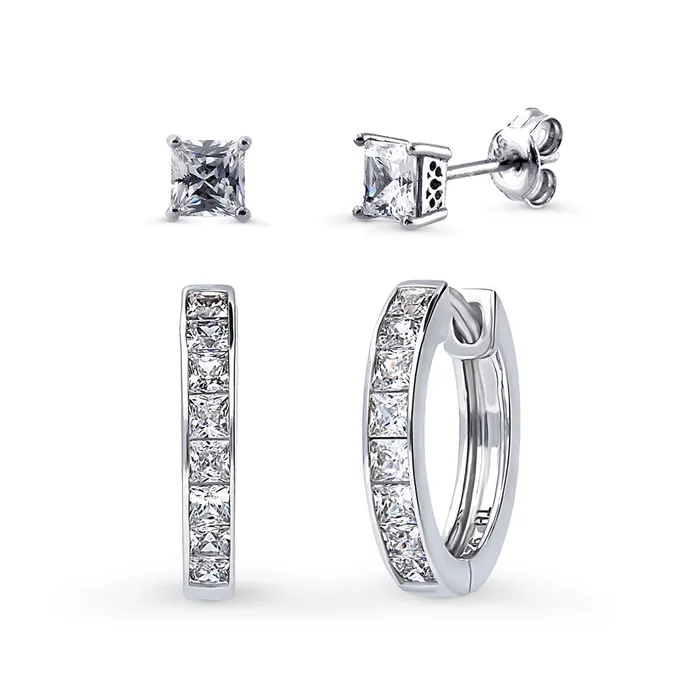 BERRICLE Bar Solitaire 08ct CZ 2 Pairs Earrings Set in Sterling Silver Earrings