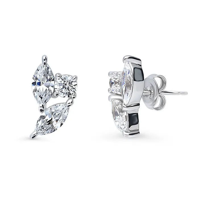 BERRICLE Earrings 3Stone Cluster Marquise CZ Stud Earrings in Sterling Silver
