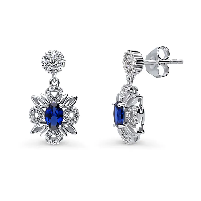 BERRICLE Earrings Flower Simulated Blue Sapphire CZ Earrings in Sterling Silver