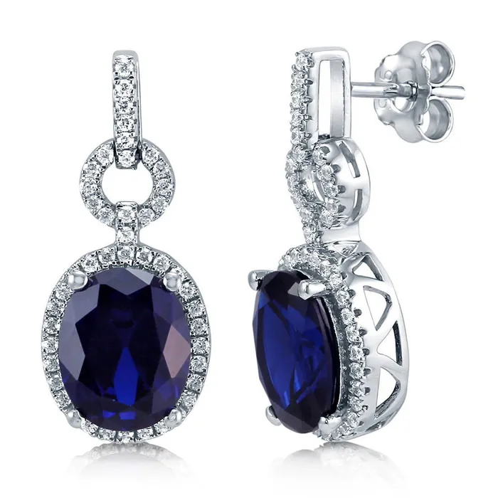 BERRICLE Earrings Halo Simulated Blue Sapphire Oval CZ Earrings in Sterling Silver
