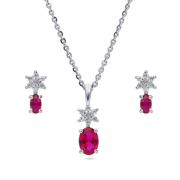 BERRICLE Flower Simulated Ruby CZ Set in Sterling Silver Earrings
