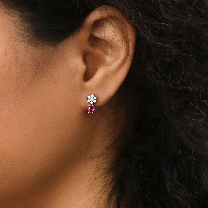 BERRICLE Flower Simulated Ruby CZ Set in Sterling Silver Earrings