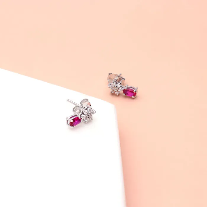 BERRICLE Flower Simulated Ruby CZ Set in Sterling Silver Earrings