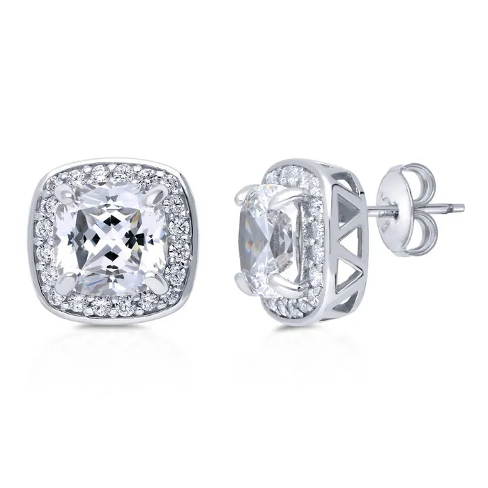 BERRICLE Halo Cushion CZ Stud Earrings in Sterling Silver Earrings