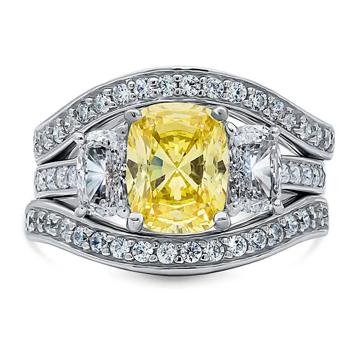 BERRICLE Rings 3Stone Canary Yellow Cushion CZ Ring Set in Sterling Silver