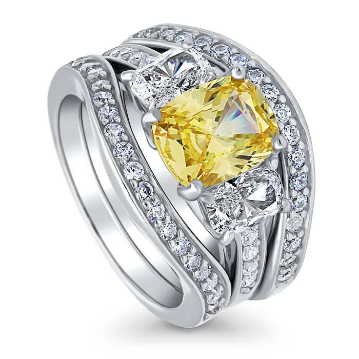 BERRICLE Rings 3Stone Canary Yellow Cushion CZ Ring Set in Sterling Silver