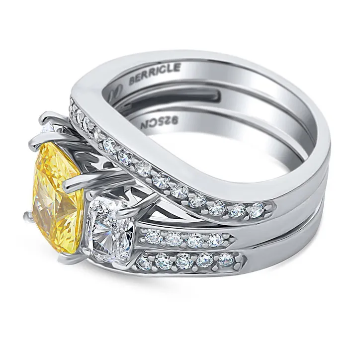 BERRICLE Rings 3Stone Canary Yellow Cushion CZ Ring Set in Sterling Silver