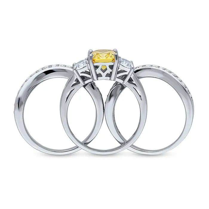 BERRICLE Rings 3Stone Canary Yellow Cushion CZ Ring Set in Sterling Silver