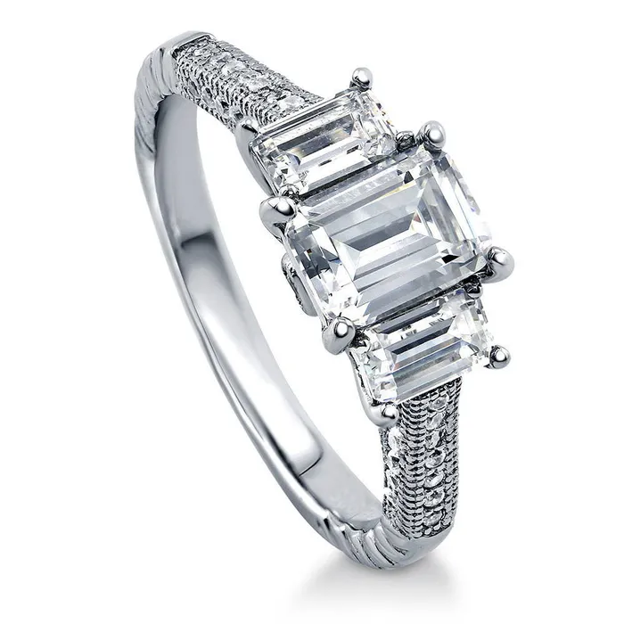 BERRICLE Rings 3Stone Milgrain 1ct Emerald Cut CZ Ring in Sterling Silver