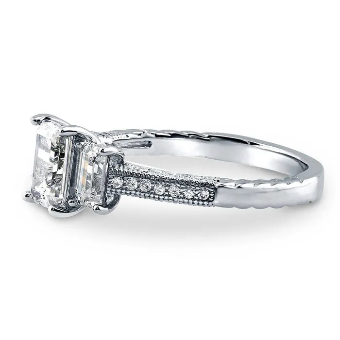BERRICLE Rings 3Stone Milgrain 1ct Emerald Cut CZ Ring in Sterling Silver