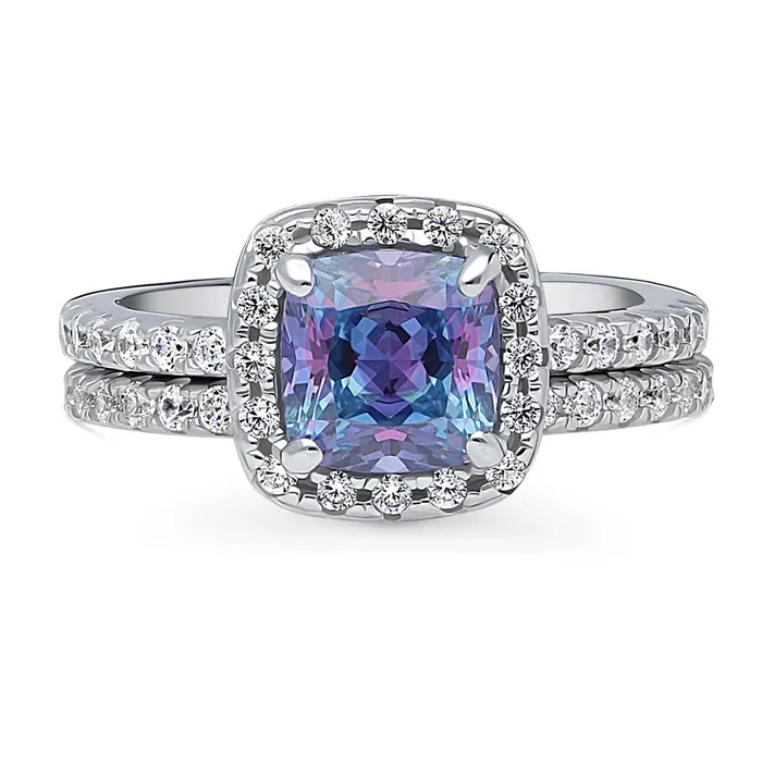 BERRICLE Rings Halo Kaleidoscope Purple Aqua CZ Ring Set in Sterling Silver