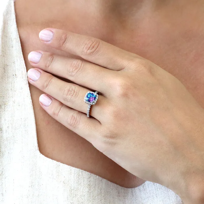 BERRICLE Rings Halo Kaleidoscope Purple Aqua CZ Ring Set in Sterling Silver