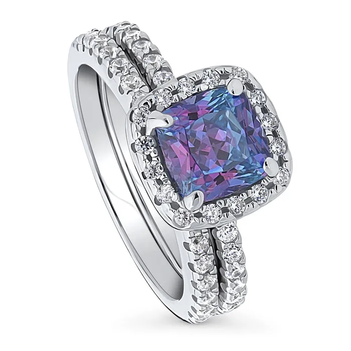 BERRICLE Rings Halo Kaleidoscope Purple Aqua CZ Ring Set in Sterling Silver