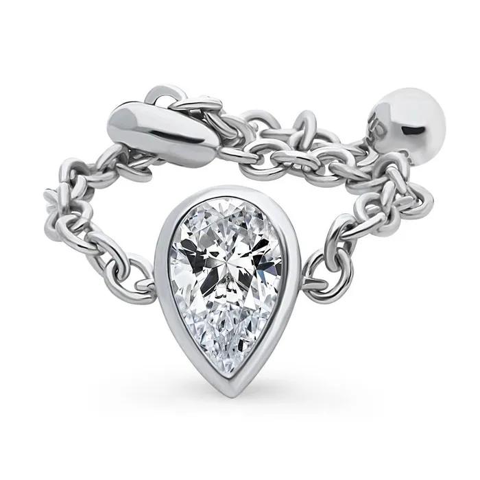 BERRICLE Solitaire Bezel Pear CZ Chain Ring in Sterling Silver 08ct Rings