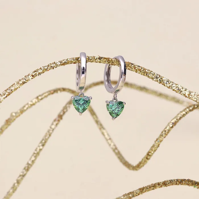 BERRICLE Solitaire Heart Green Heart CZ Earrings in Sterling Silver 14ct Earrings