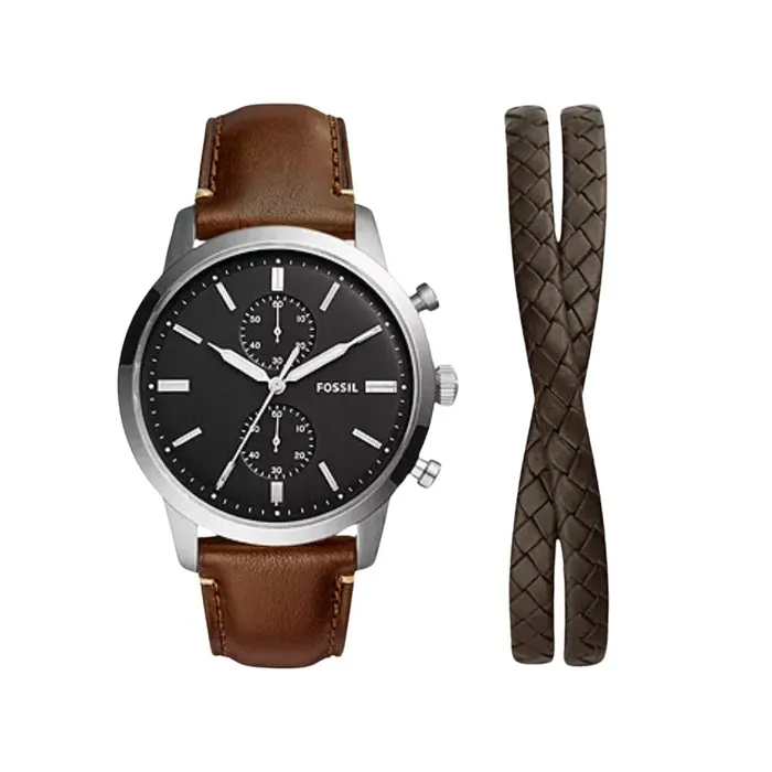 Bracelets Fossil Mens Townsman Chronograph Brown Lite Hide Leather Watch and Bracelet Set Fossil