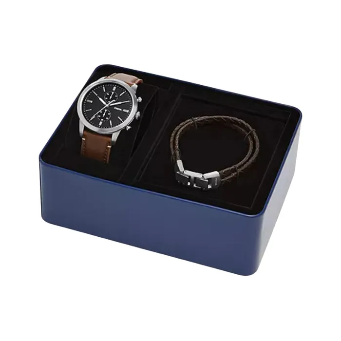 Bracelets Fossil Mens Townsman Chronograph Brown Lite Hide Leather Watch and Bracelet Set Fossil