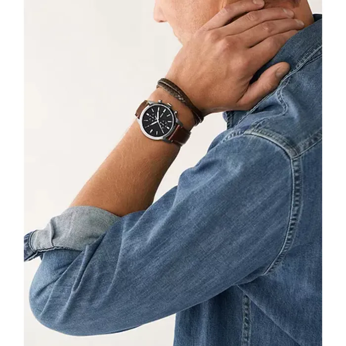 Bracelets Fossil Mens Townsman Chronograph Brown Lite Hide Leather Watch and Bracelet Set Fossil