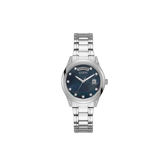 Bracelets Guess Guess Ladies Quartz Watch Full Steel Case Bracelet With White Mother Of Pearl Dial Stones In The Lugs