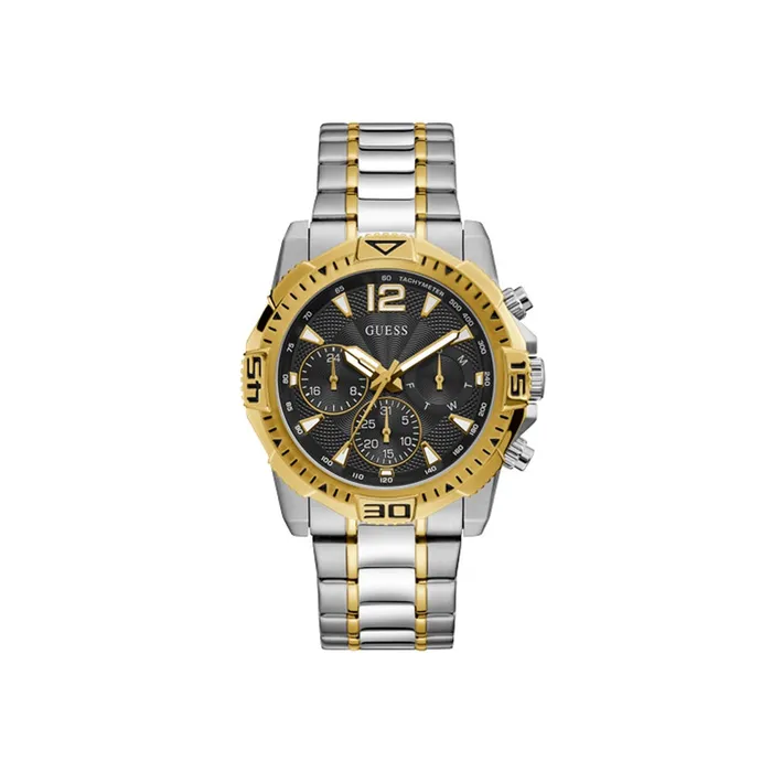 Bracelets Guess Guess Mens Tachymeter Watch Two Tone Yellow GoldSilver Plated Case Bracelet With Sun Black Dial